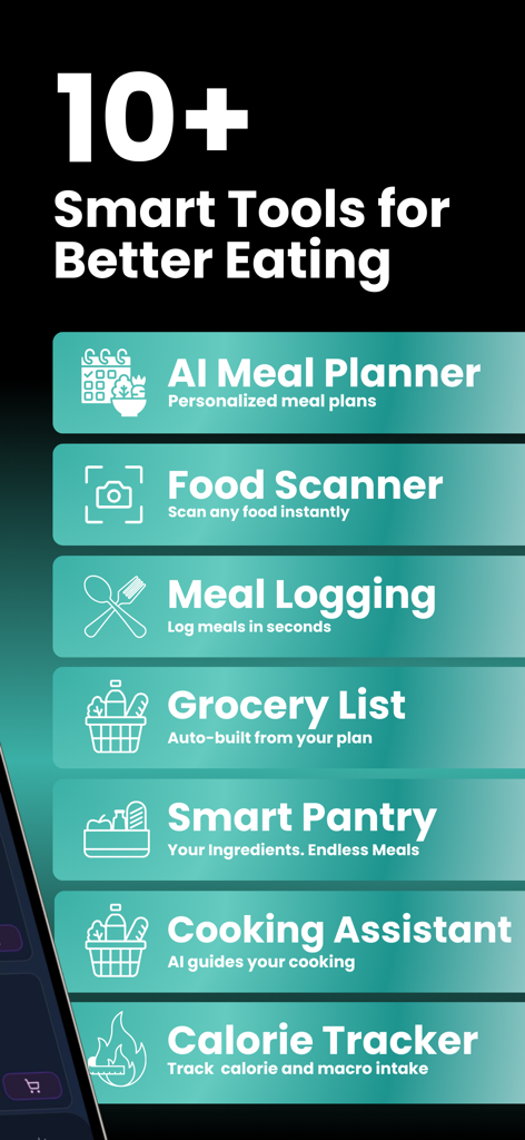 List of Meal Ark app features including AI meal planner, food scanner, grocery list, smart pantry, and calorie tracker.