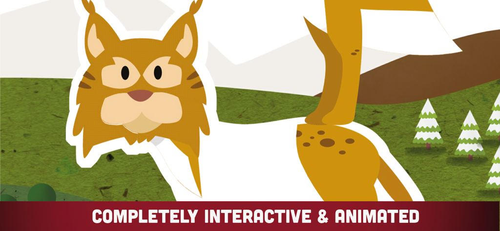 A cute animated lynx in a mountain landscape from the My First World Atlas educational app
