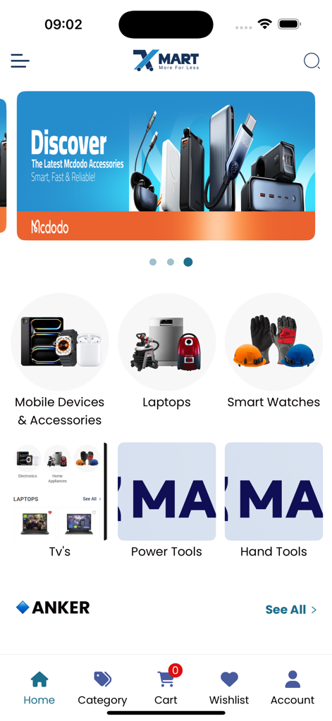 Xmart Jo - Home screen of the Xmart Jo mobile app showing product categories like electronics, laptops, and power tools