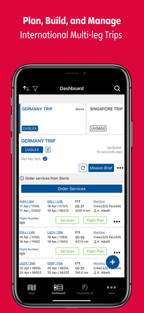 uvGO app dashboard for planning and managing international multi-leg flights