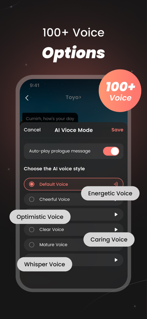 SynClub app interface showing AI voice style options like cheerful energetic and whisper