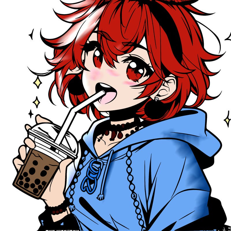 hot baddie anime girl drinking boba and biting the straw