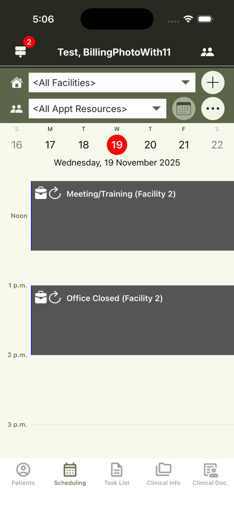 PatientNow - Daily calendar view in the PatientNow app showing medical office schedule and appointments