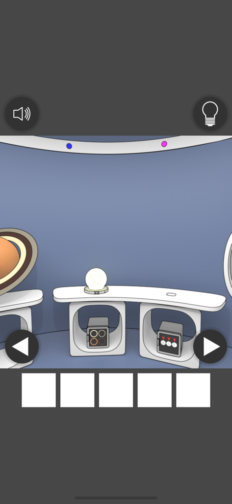 Space Museum Escape - A minimalist space themed escape room scene featuring futuristic furniture and planetary models