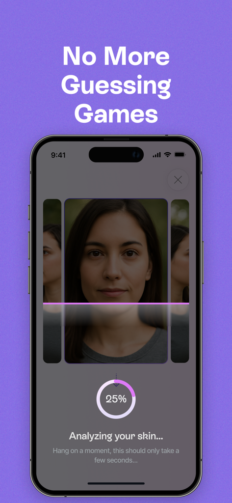 Oyster Skincare - A mobile screen showing the Oyster Skincare app performing an AI skin analysis on a user's face.