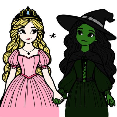 a princess and a witch holding hands realistic
