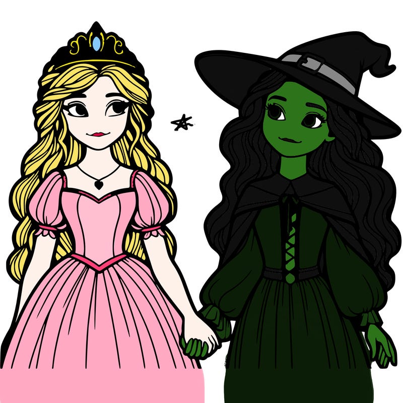 a princess and a witch holding hands realistic