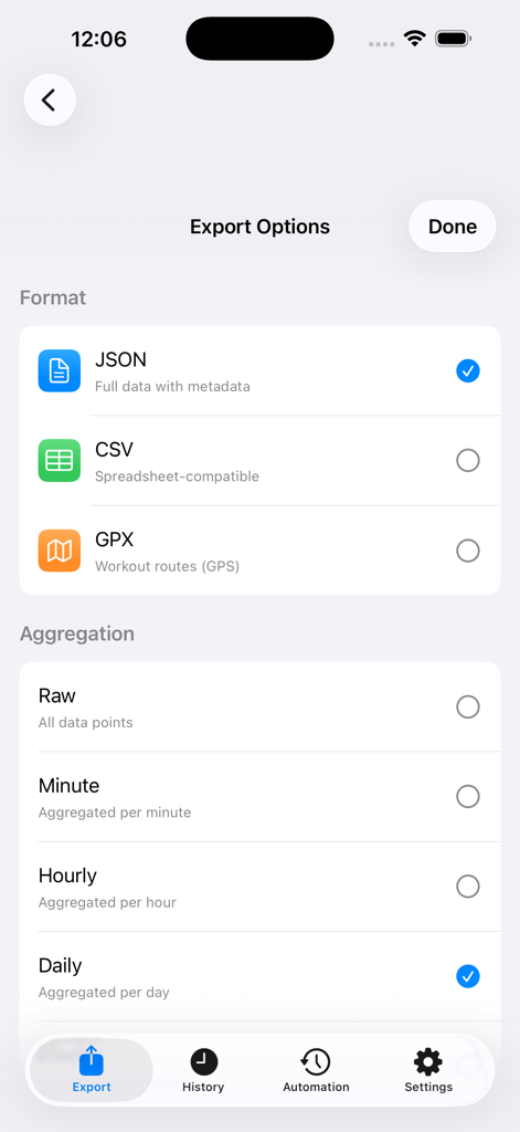 Health Data Export - Export options screen in the app showing file format selections for JSON CSV and GPX and data aggregation levels
