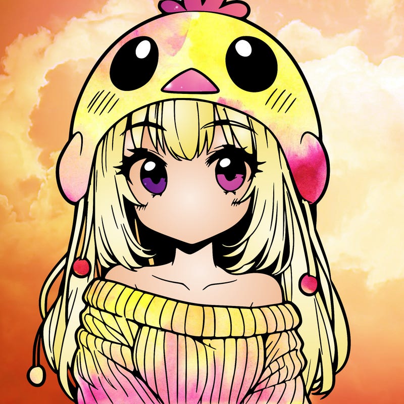 anime girl with chick shaped hat with sweater with bare shoulders with bangs covering them one eye with low tail