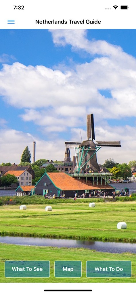 네덜란드 풍차 풍경과 내비게이션 버튼이 특징인 네덜란드 여행 가이드 앱 홈 화면