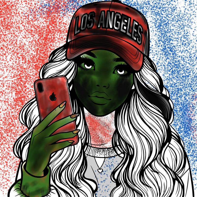 realistic beautiful girl wearing los ángeles cap holding an iphone