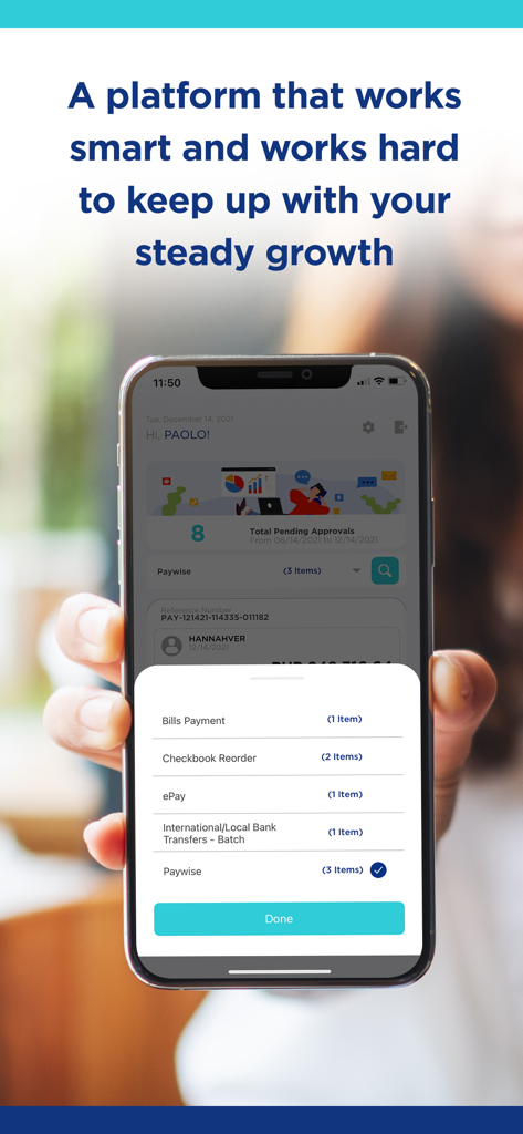 PNB CashNet Plus mobile app dashboard on an iPhone showing transaction approval options for corporate cash management