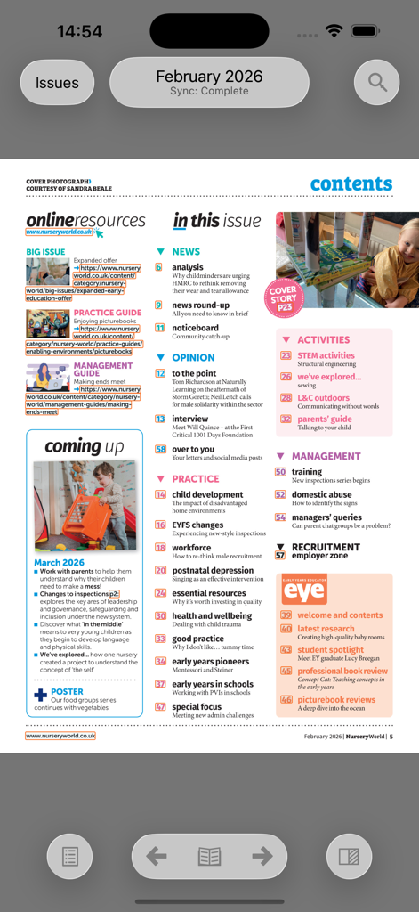 Nursery World - 뉴스, 실무 및 경영 섹션을 보여주는 Nursery World 전문 잡지 앱의 목차 페이지