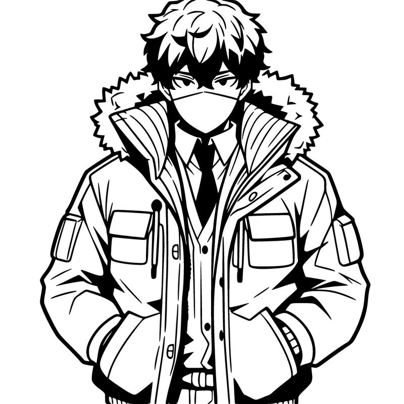 anime male, with big jacket, hands in his pockets