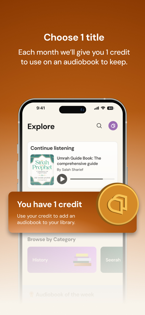 Screenshot of Chaptrs app showing one monthly credit for Islamic audiobooks.