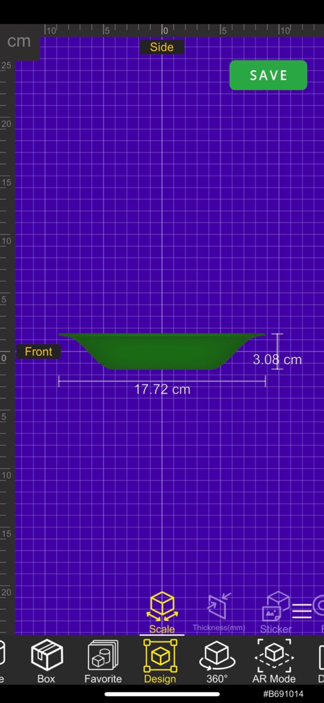 Interface móvel mostrando o perfil lateral e as medições de um design de contêiner verde.