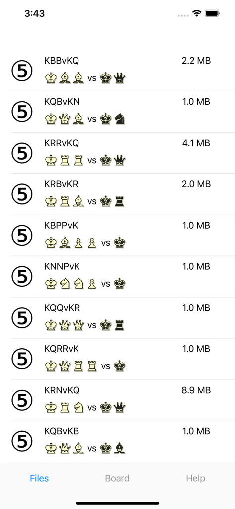 Chess Tablebase for Stockfish - Interface showing a list of five man chess endgame tablebase files with piece icons and sizes