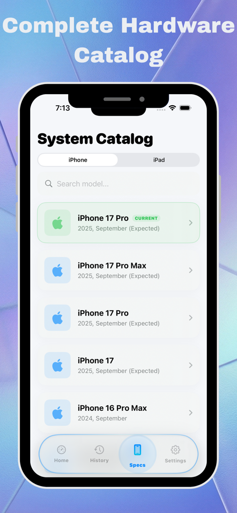 Battery Life Health: Pro Check - System Catalog screen displaying a list of iPhone models including iPhone 17 Pro and 16 Pro Max with hardware specifications.