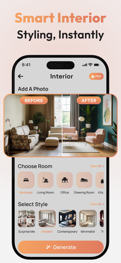 HomeAura: AI Interior Design - Um smartphone mostrando a interface do aplicativo HomeAura com uma comparação de antes e depois de uma sala de estar redesenhada com IA.