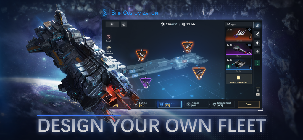 Pantalla de personalización de naves de Nova Space Armada mostrando diseño modular y selección de armas