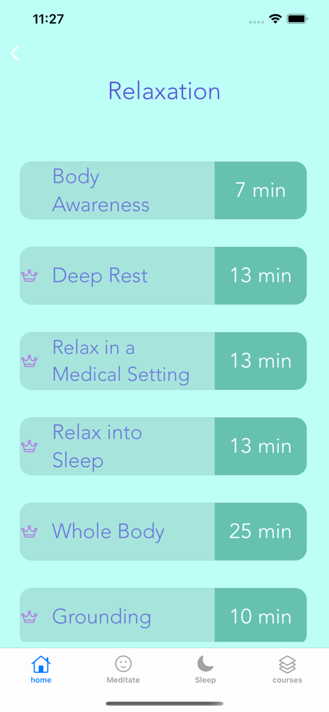 Meditation Oasis: Simply Being - List of relaxation meditation sessions in the Simply Being app showing durations and titles