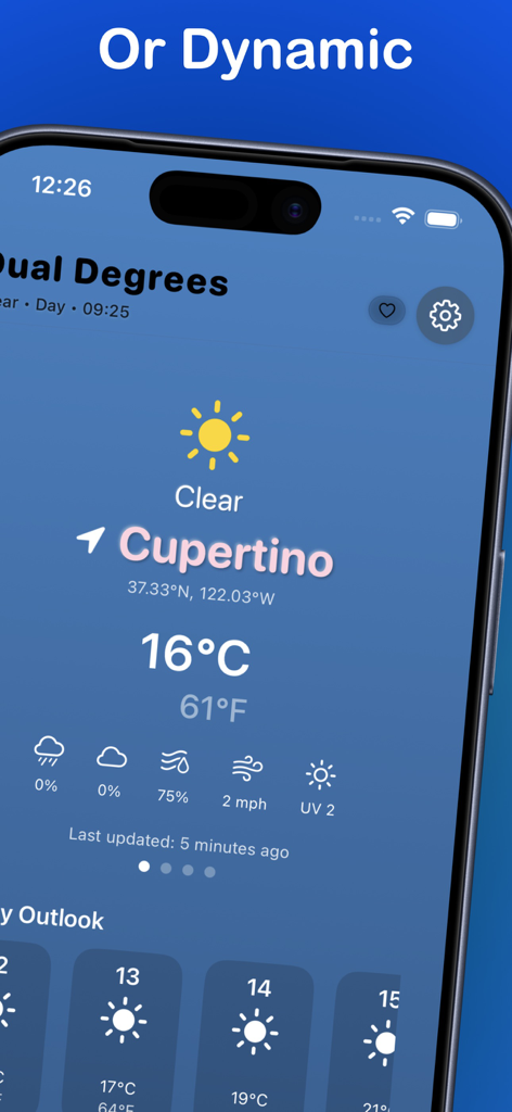 Dual Degrees – C° & F° Weather - Smartphone screen showing Dual Degrees weather app with side-by-side Celsius and Fahrenheit temperatures for Cupertino