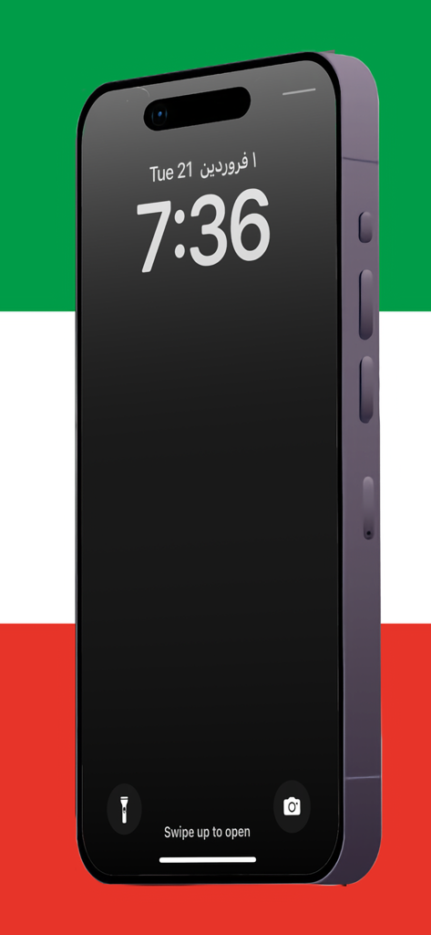 Pantalla de bloqueo del iPhone mostrando las fechas persa y gregoriana con la aplicación Tabdil