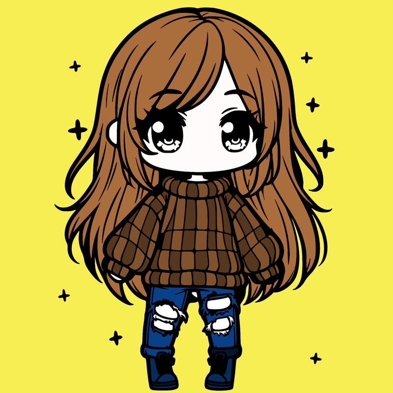 chibi girl with ripped jeans,long hair, and an oversized sweater