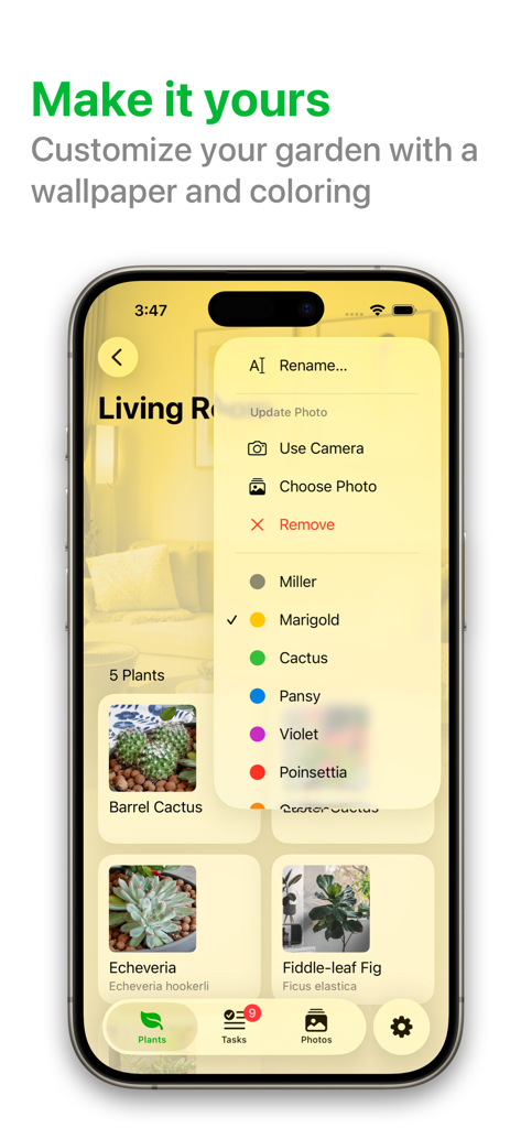 PlantPal: Plant Care - Screen showing customization options for wallpapers and theme colors in PlantPal app