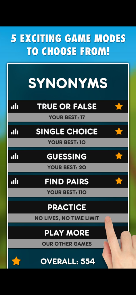 Synonyms PRO main menu screen showing five different vocabulary game modes