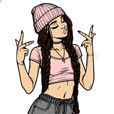 realistic teenage girl with braids and a beanie and crop top doing 🫶🏼