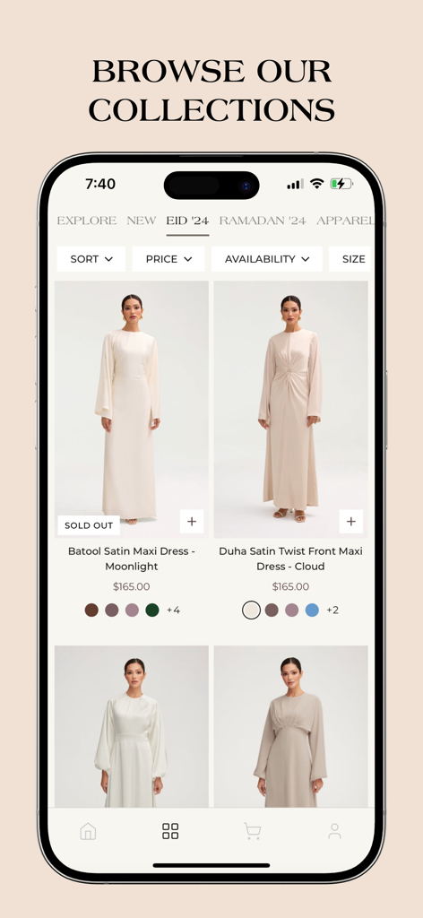 Mobile App-Oberfläche des Veiled Stores, die eine Kollektion eleganter Satin-Maxikleider für Eid präsentiert.