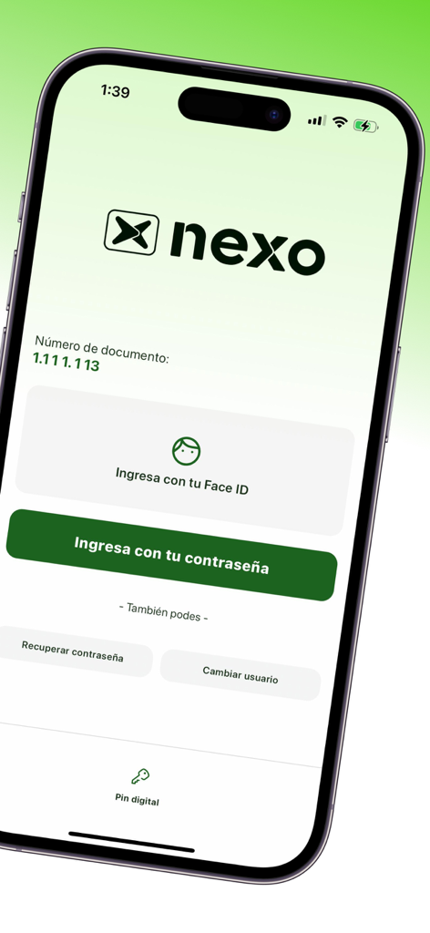 Pantalla de inicio de sesión de la aplicación financiera móvil NEXO S.A. que muestra opciones de idioma español para la autenticación Face ID y contraseña.