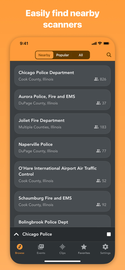 Interface of the Police Scanner Radio app showing a list of nearby police and fire department scanners with listener counts.