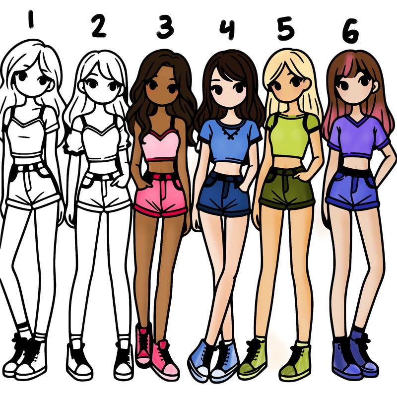 a group of girls wearing crop tops and shorts