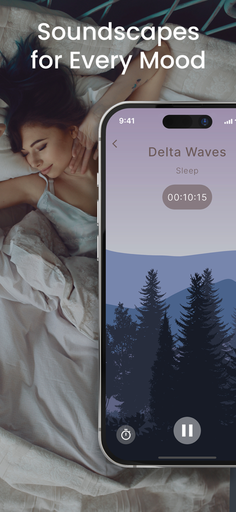Uma mulher dormindo pacificamente ao lado de um telefone exibindo a paisagem sonora de Ondas Delta do aplicativo The Promise