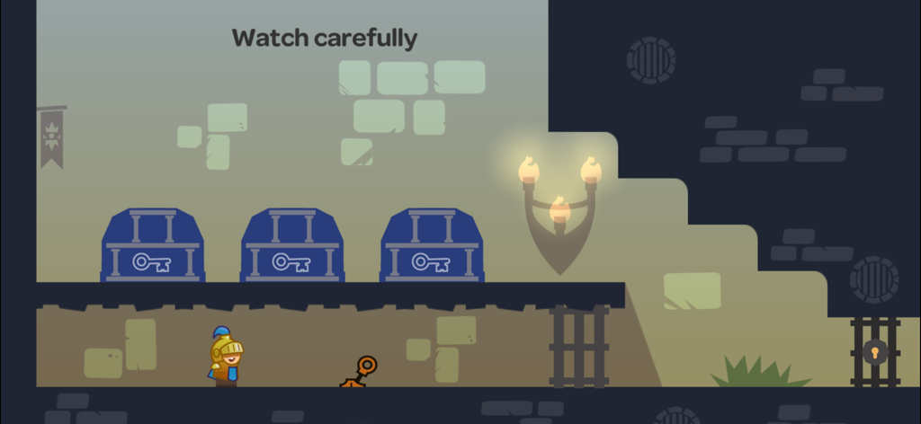 세 개의 상자와 함께 논리적 도전에 직면한 기사를 보여주는 Tricky Castle의 2D 퍼즐 게임 레벨