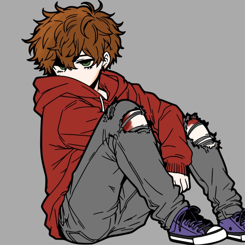 a male hoddie ripped jeans messy hair anime