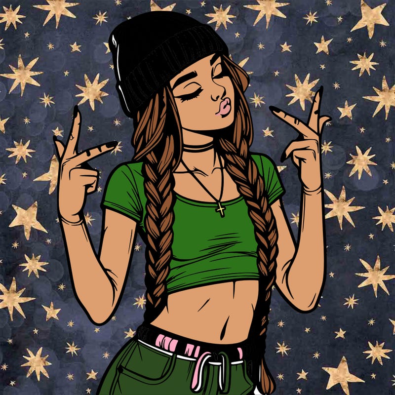 realistic teenage girl with braids and a beanie and crop top doing 🫶🏼