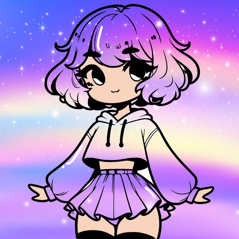 cute femboy with short, fluffy hair that softly frames their face, wearing a cropped hoodie, paired with a flouncy short skirt, and thigh-high stockings