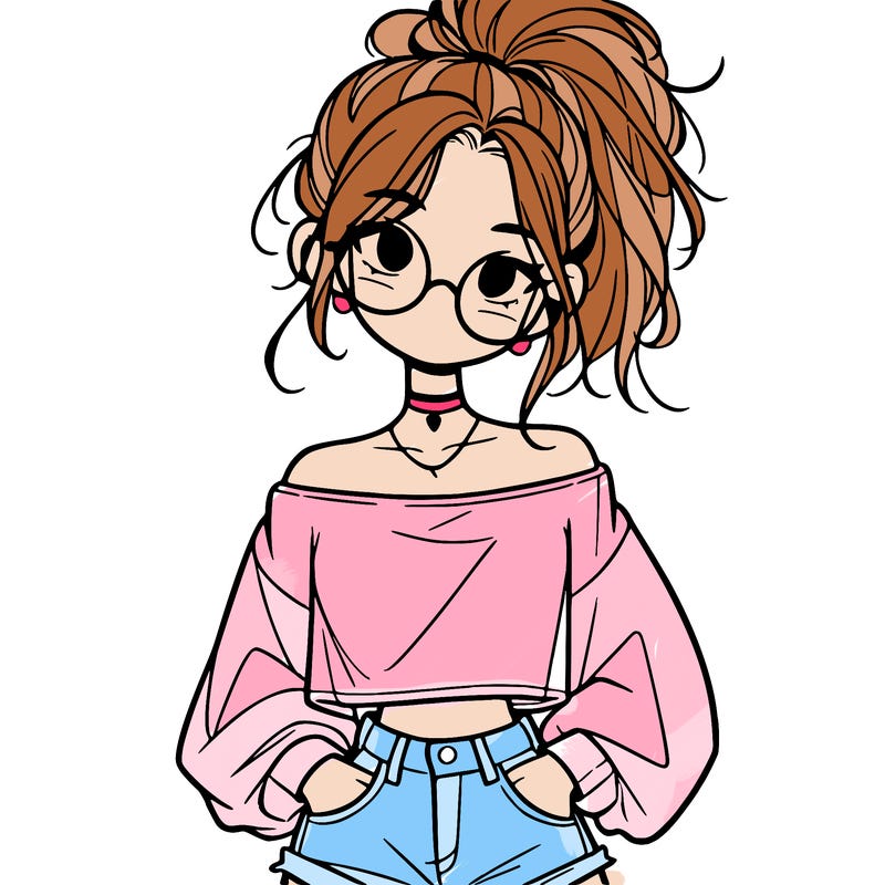 girl with a messy ponytail glasses a baggy crop top and jean shorts