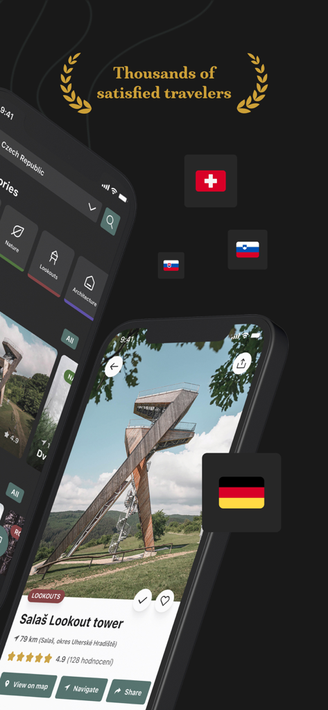 Placehunter App-Bildschirme mit kuratierten Reisekategorien und detaillierten Standortinformationen für einen Aussichtsturm in Europa.