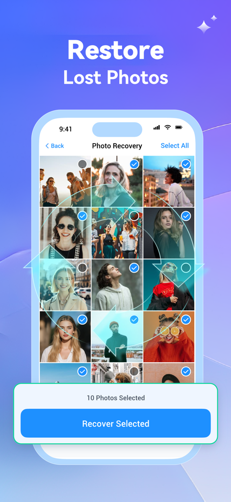iPhone app interface showing a grid of deleted photos selected for restoration with a recover selected button