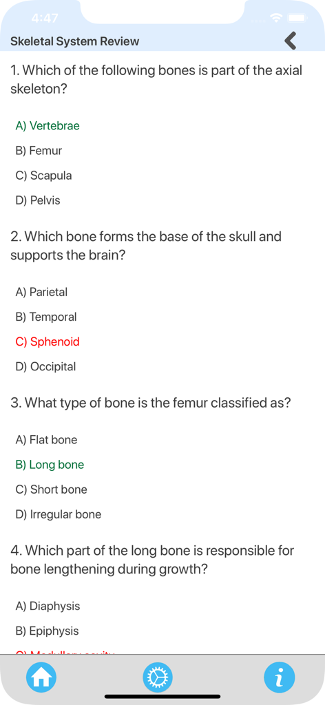 Tela de quiz de revisão do sistema esquelético mostrando questões de múltipla escolha com feedback de resposta verde e vermelho.