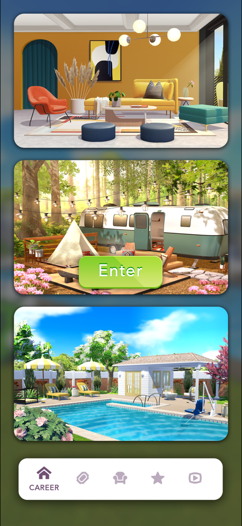 Home Design Makeover - Screenshots of interior and exterior design projects including a modern living room, a glamping camper, and a luxury swimming pool.