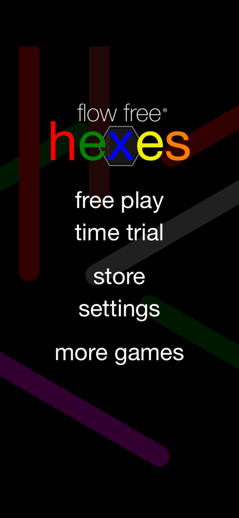 Flow Free: Hexes - Flow Free Hexes app main menu showing game modes and settings on a black background with colorful lines.
