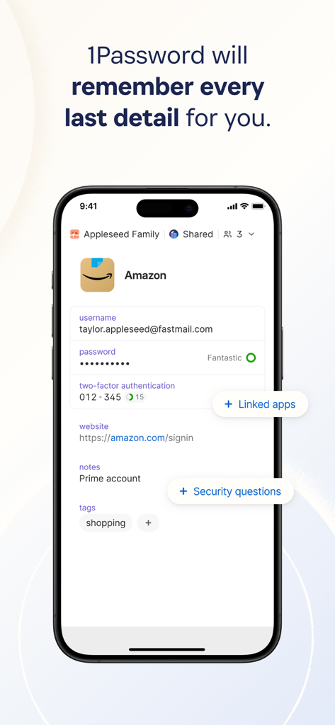 1Password app interface showing detailed login information for an Amazon account including username, password, and two-factor authentication.