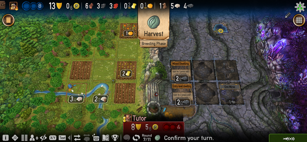 Caverna - Gameplay interface of Caverna showing farm tiles and cave excavations