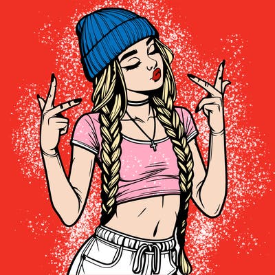 realistic teenage girl with braids and a beanie and crop top doing 🫶🏼