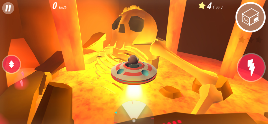 McPanda: Super Pilot Kids Game - A UFO aircraft flying over a giant skeleton in a glowing lava cave.